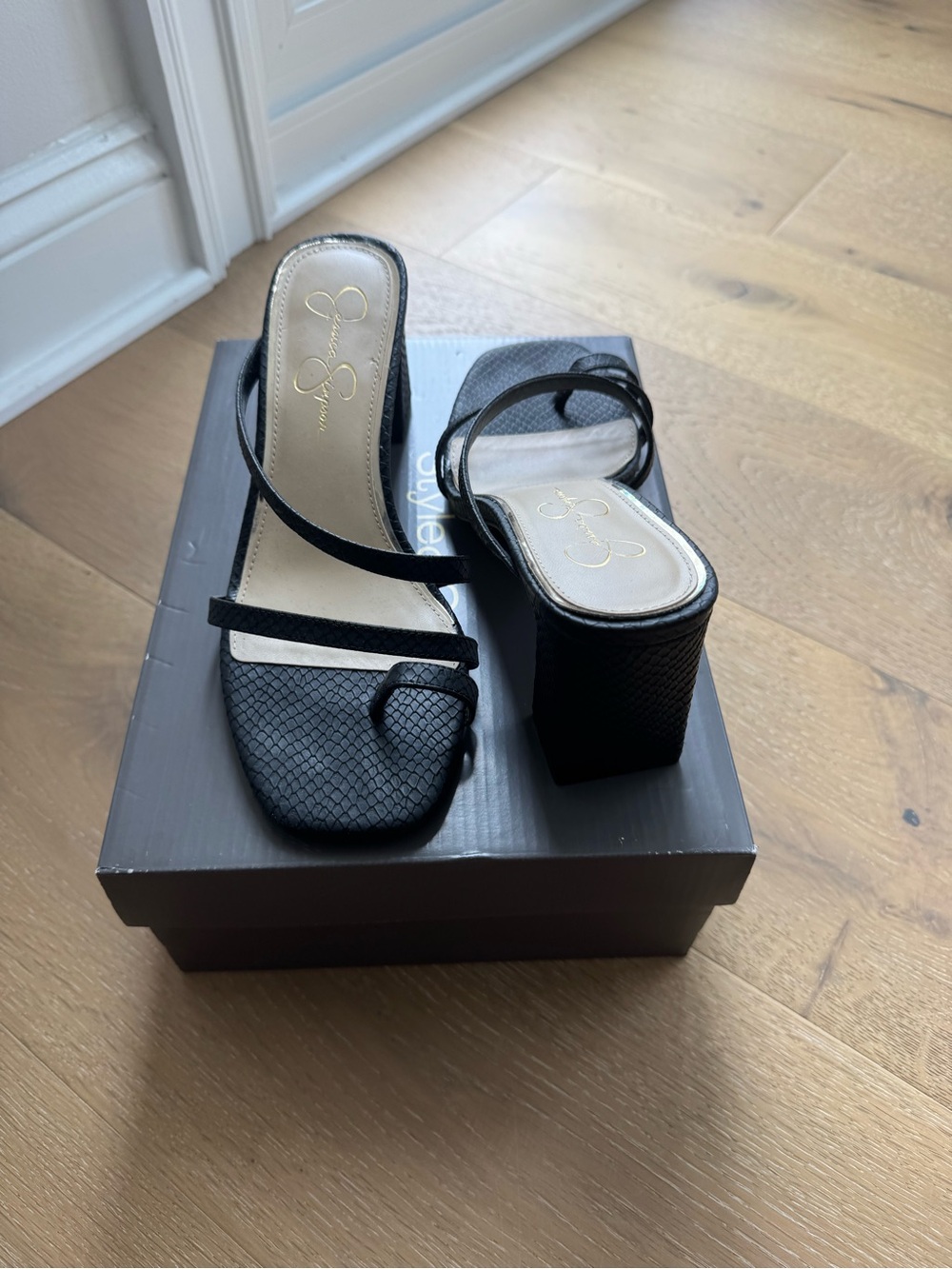 Jessica Simpson Black Textured Strappy Block Heel Sandals